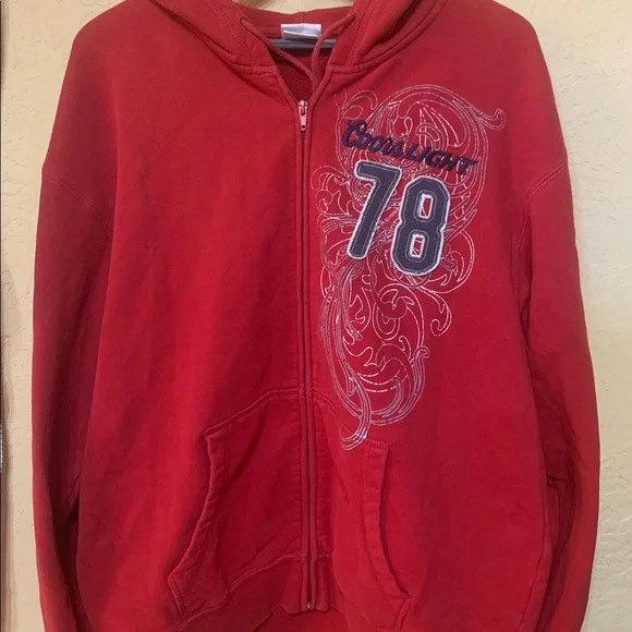 Coors Light red full zip up Hoodie M Sweatshirt Jacket Coors appliqué detail - Picture 1 of 6